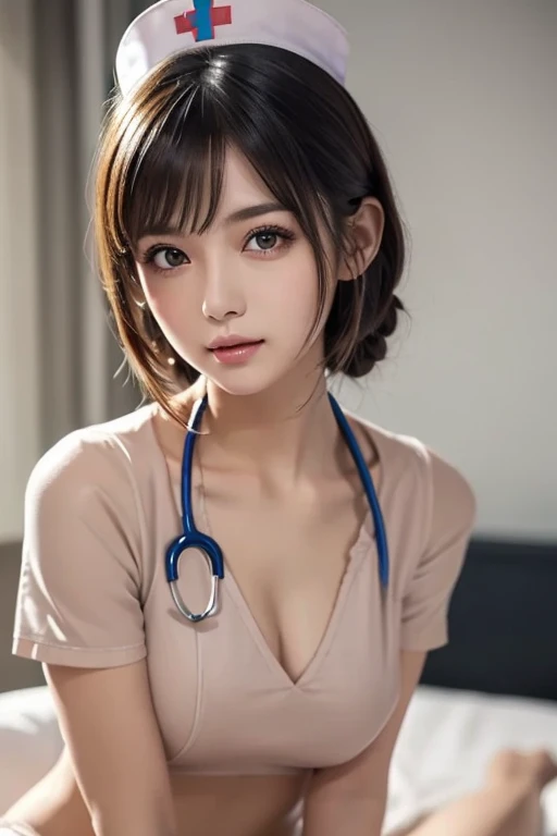 une femme de 25 ans, seductive look, sourire romantique, fine, brune, yeux verts, in nurse's uniform; sexy, corps fin, dans un cabinet de médecin, croix rouge sur la blouse, cleavage, blouse ouverte