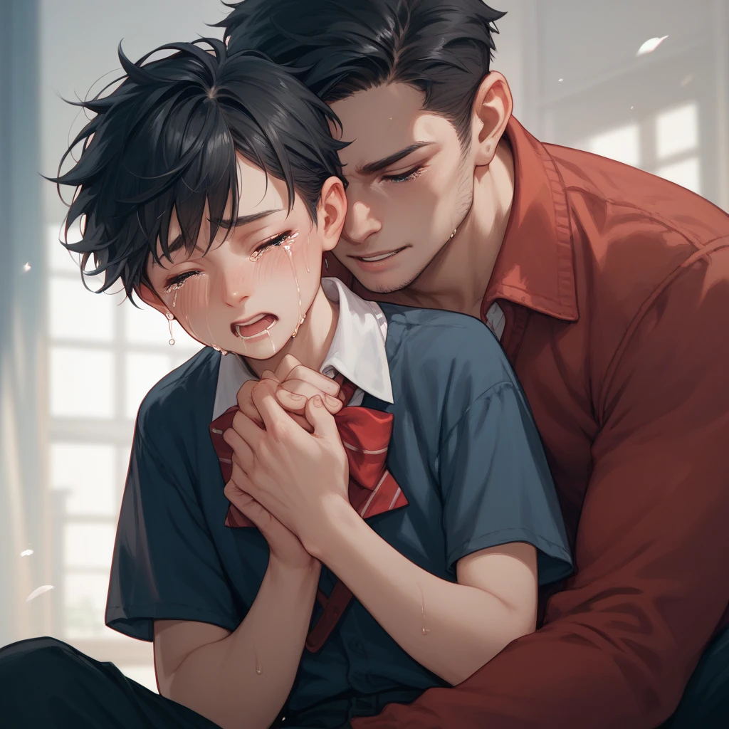 A father with his little daughter in his lap, They have purple eyes and black hair, both have calm expressions on their faces, the scene is captured up close, Highlight the detailed features of the models. The image is of the highest quality, With highly detailed elements, And a realistic or realistic style of presentation. The colors in the picture are vivid and vibrant, With a warm accent. Lighting in the landscape is soft and gentle, Lighting subjects in a beautiful way