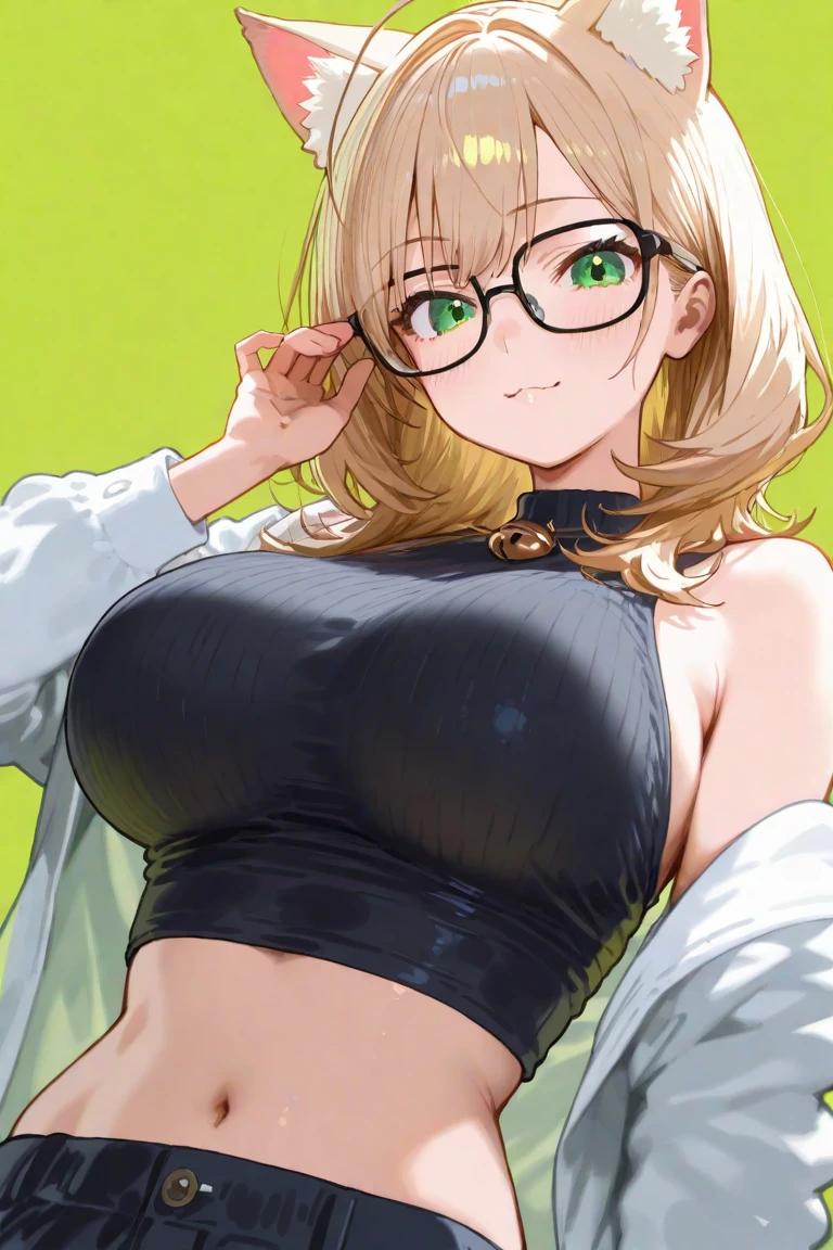 (masterpiece, best quality: 1.2), feSelena, green capelet, flower, 1girl, solo, perky breasts, semi-open button-up shirt (White), white bra, Skirt (black), blue eyes, short hair, glasses, large breasts, close-up