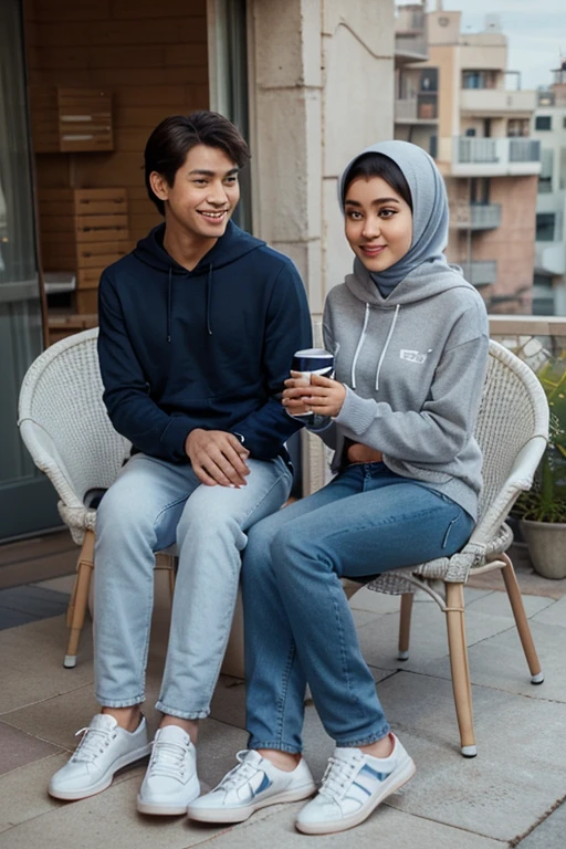 A photo of a young Asian man with very short hair wearing a fleece jacket, black slim-fit formal trousers, black Air Jordan shoes, sitting on a chair inside a cafe holding a cup of coffee, accompanied by a slightly chubby young woman wearing a white fleece jacket and hijab. They are engaged in cheerful conversation, with wooden ornaments in the background. The photo is taken from a distance, with hyper-realistic quality and 8K UHD resolution.