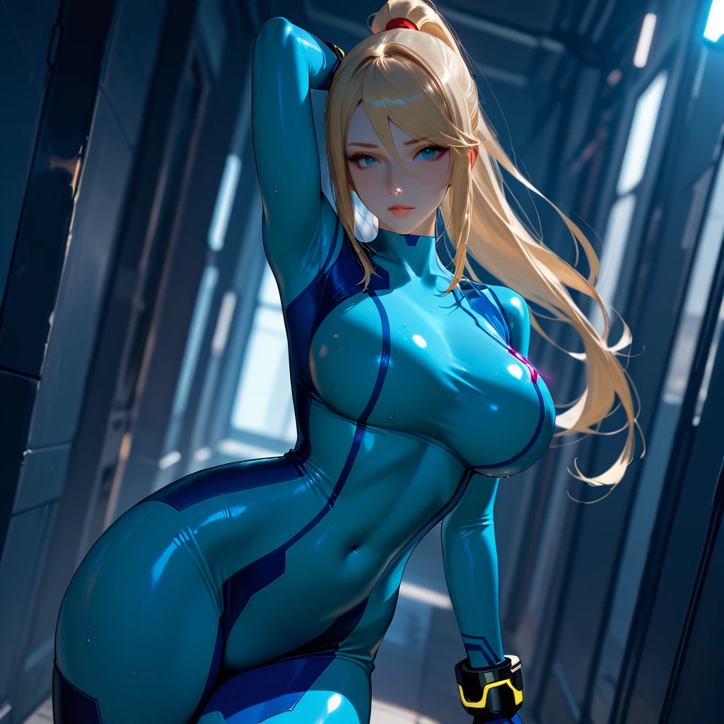 (masterpiece), best quality, expressive eyes, perfect face, highres, (8k), (perfect face), (ultra details), 1 girl, solo, samus aran, ponytail, hair tie, blue gloves, blue bodysuit, body-tight suit, spacecraft background, standing, big butt, portrait, from behind