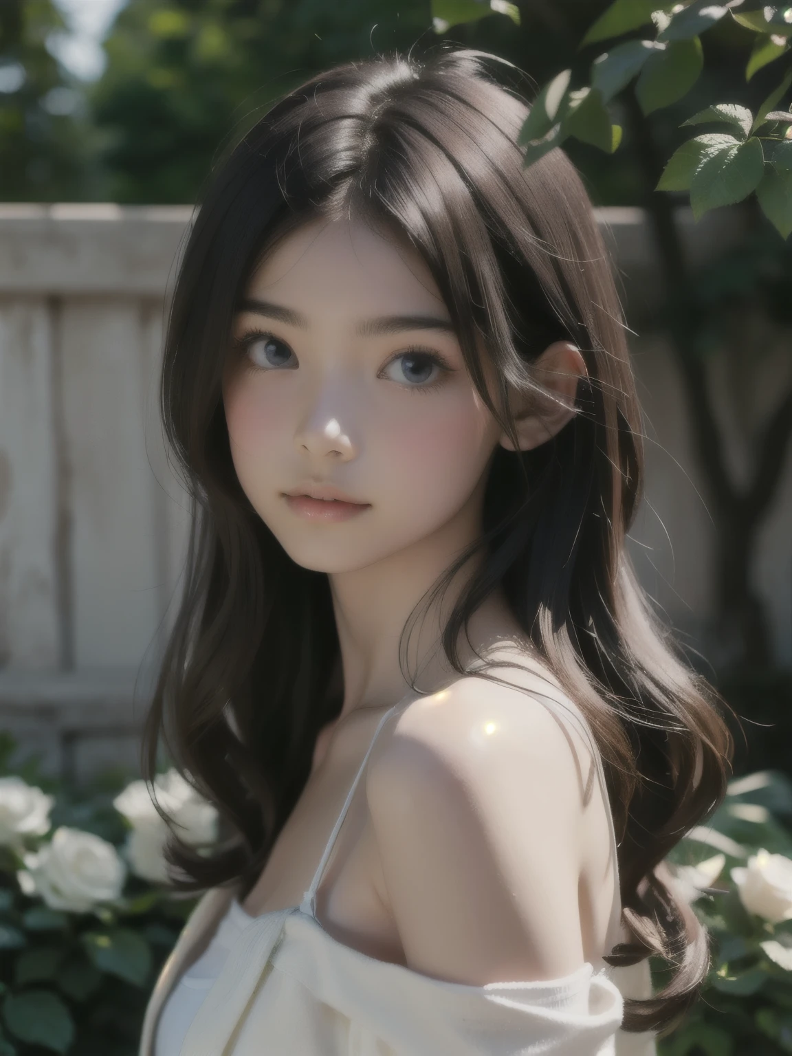 1girl, (looking at viewer:1.2), detail face, (a girl standing, rending on cgsociety, black shadows, Rose bush backdrop), romanticism, atmospheric, (RAW photo, best quality), (realistic, photo-realistic:1.3), masterpiece, an extremely delicate and beautiful, extremely detailed, D cup,Half-length photo,(Wearing a translucent white tube top,Translucent brown silk jacket1.5)