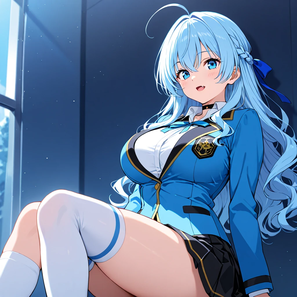 1girll, sitting down on the floor, Place your phone to your ear, Blowing hair, Long hair, blue color eyes,Shining eyes,Detailed eyes,Skirt, Solo, upper legs, Sailor school uniform, navel, Pleated skirt, midriff, Blue eyes, White shirt, Collar, Smile, Medium breasts, view the viewer, Open mouth,,Large breasts,