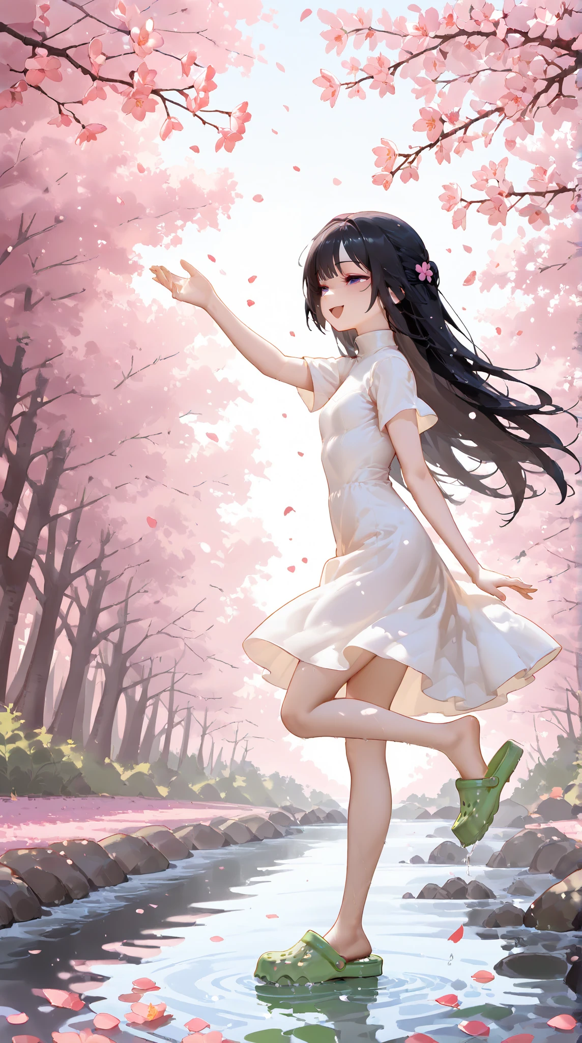 UHD, Super Detailed, High Quality, Best Quality, Masterpiece, detailed background, High Resolution, Anatomically Correct, 1girl, petite,skinny. A 14-years-old junior high school girl, smile, pony, long black hair, she wear a white turtleneck sun dress, short sleeves, and crocs shoe. she standing on one leg at garden of sakura flowers within the cherry blossom trees, pink flower petals blown by the wind, the sides is filled by flower petals, looking away, happy, half-closed eyes, open mouth smile, she carefreely walk on shallow water of a river , from side, the shot was taken from a distance where it also captures the scenery dramaticly, Wide Shot, F/1.2, head level, dramatic pose