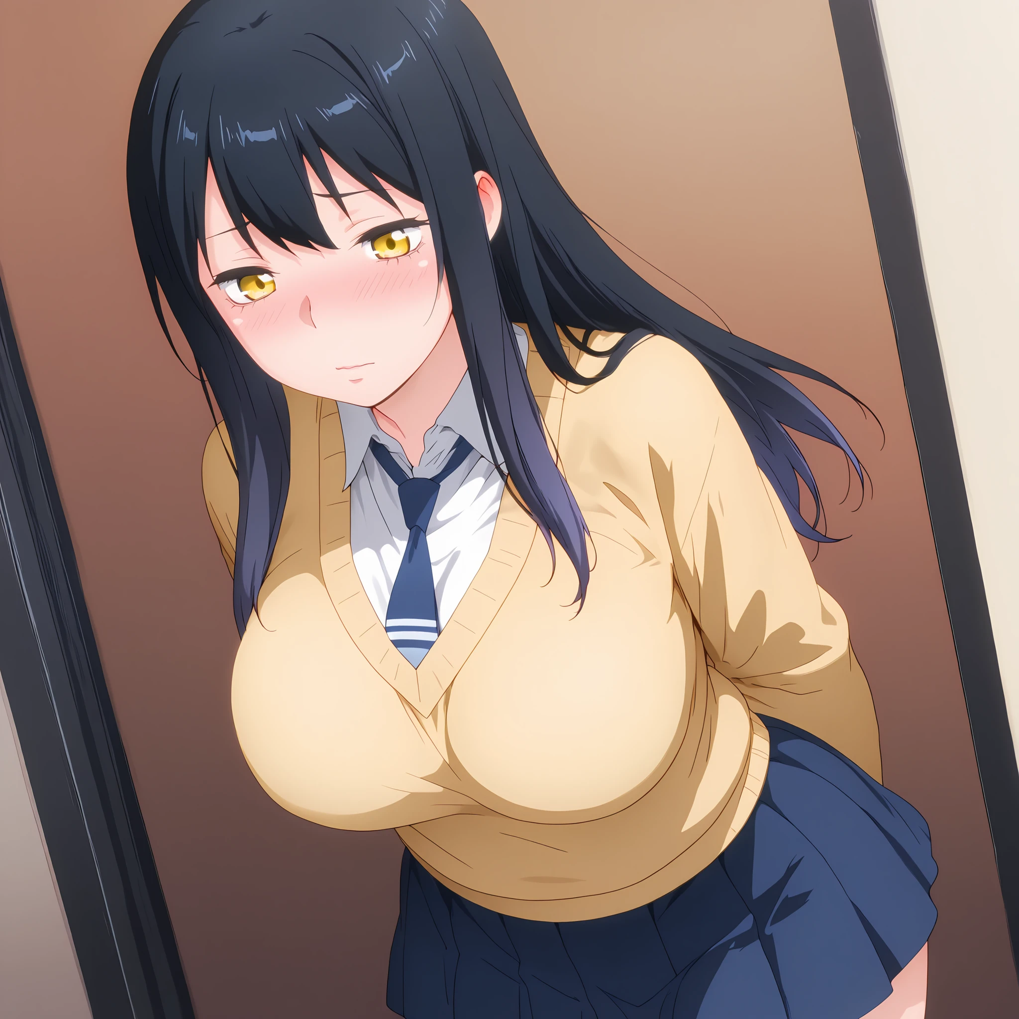 Miko, yellow eyes, long hair, black hair, blue hair, multicolored hair, sidelocks, bangs, skirt, shirt, school uniform, pleated skirt, necktie, miniskirt, sweater, blue skirt, blue necktie, arms behind back:1.4), breast, ((cute breast)), ((round breast)) (blush), 8k masterpiece, (1girl, solo) adult, mature, +18,
