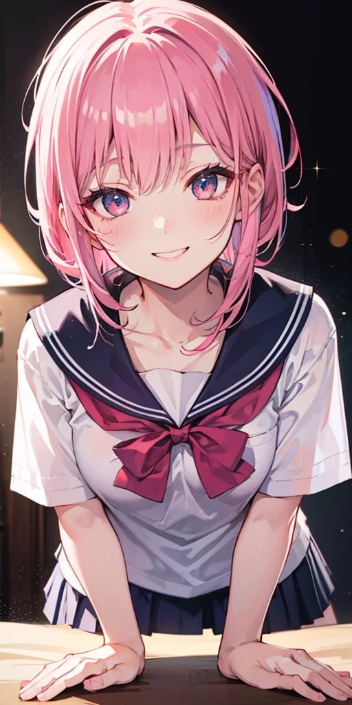 Pink Hair、Pink Eyes、girl、Small breasts、Bun Hair、girl、Small breasts、Lolita、Bright smile、Looks about 15 years old、Petan Musume、short、目のhighlight、Sexy thighs、School、Short-sleeved sailor suit、mini skirt、Your eyes are so beautiful、highlight