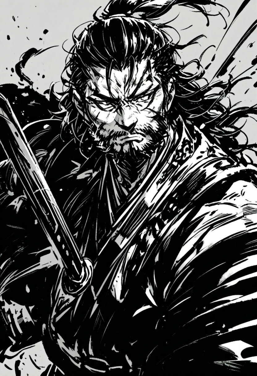 a samurai man cutting a watermelon in a restaurant in a big city.
