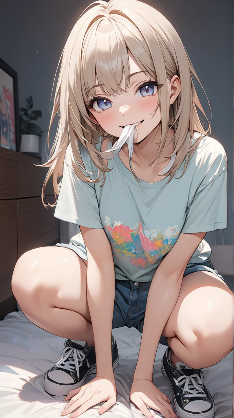 She spreads her pussy wide with both hands Pussy super super super super super super super super super enlarged Super cute cute cute cute girl blondes Shortcut hair A close-up of a cute girl in a lewd pose, spreading her pussy so wide you can see the hole inside Middle finger up Pink Hair