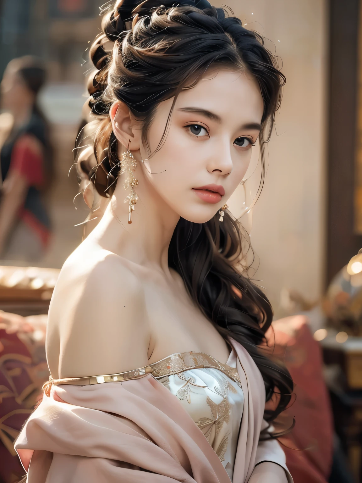 Best Quality, Masterpiece, Ultra High Resolution, (Realisticity: 1.4), Original Photo, 1girl, Pink Off-the-Shoulder, Cinematic Lighting,the whole body