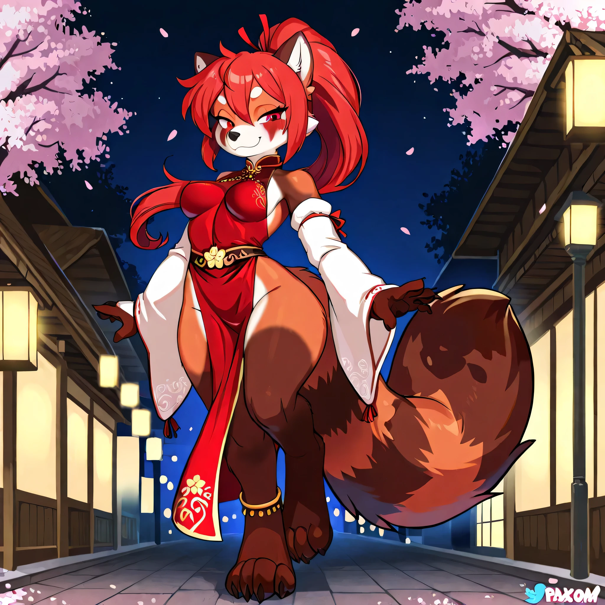 anime style, anime shading, masterpiece, high quality, buxom figure, curvy figure, single focus, 1girl, tall character, fur covered body, small pointed ears, pandaren, anthropomorphic, long red hair, red eyes, brown arms, claws, female, ((stripped fox tail:1.2)), red panda, adult aged, medium breasts, large foot paws, digitigrade feet, ((wearing an ornate top)), ((wearing detached sleeves)), ((white sleeves)), ((wearing a red dress)), ankle bracelets, small smile, medium breasts, cherry blossoms in bloom, at night, street lights, sassy pose