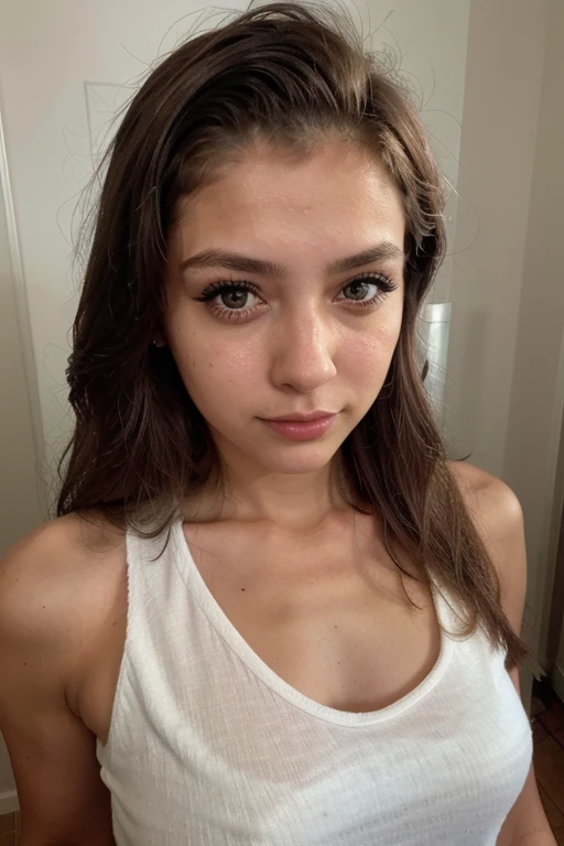 Photo of a 20 year old brunette woman, that has a very natural face, thin lips, thin eyes, thin eyebrows, thin nose, earrings, long eyelashes. She makes a cute selfie in her room wearing an exposing top on top of her bed