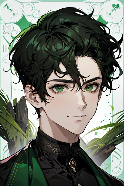 A man with dark green hair, wearing old clothes, with Halloween makeup painted on his face, cute and handsome