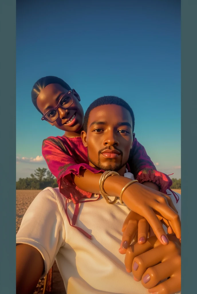 light skinned skinned black boy with brown very curly 3c hair with blonde highlights and black beard and mustache holding hands with brown skinned black girl with short braids with beads at the end with cherry blossom trees surrounding them with pink sunset, very realistic