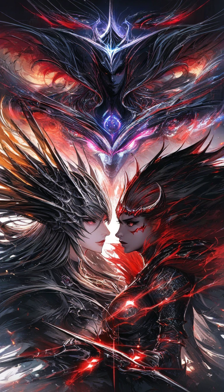 ((best quailty)), ((Verism)), ((tmasterpiece))，twins，2girls，The angel，devils，Wings，In an epic battle，A radiant angel clashes with a fire-breathing demon。Angels spread their wings and soared，Armed with a shining sword and lightning power。The demon roared，Spit out raging fire，Sharp sharp corners in hand。The backdrop of the battle is a burning hell，Full of fire and chaos。（pov fpov，Cinematic light：1.2）