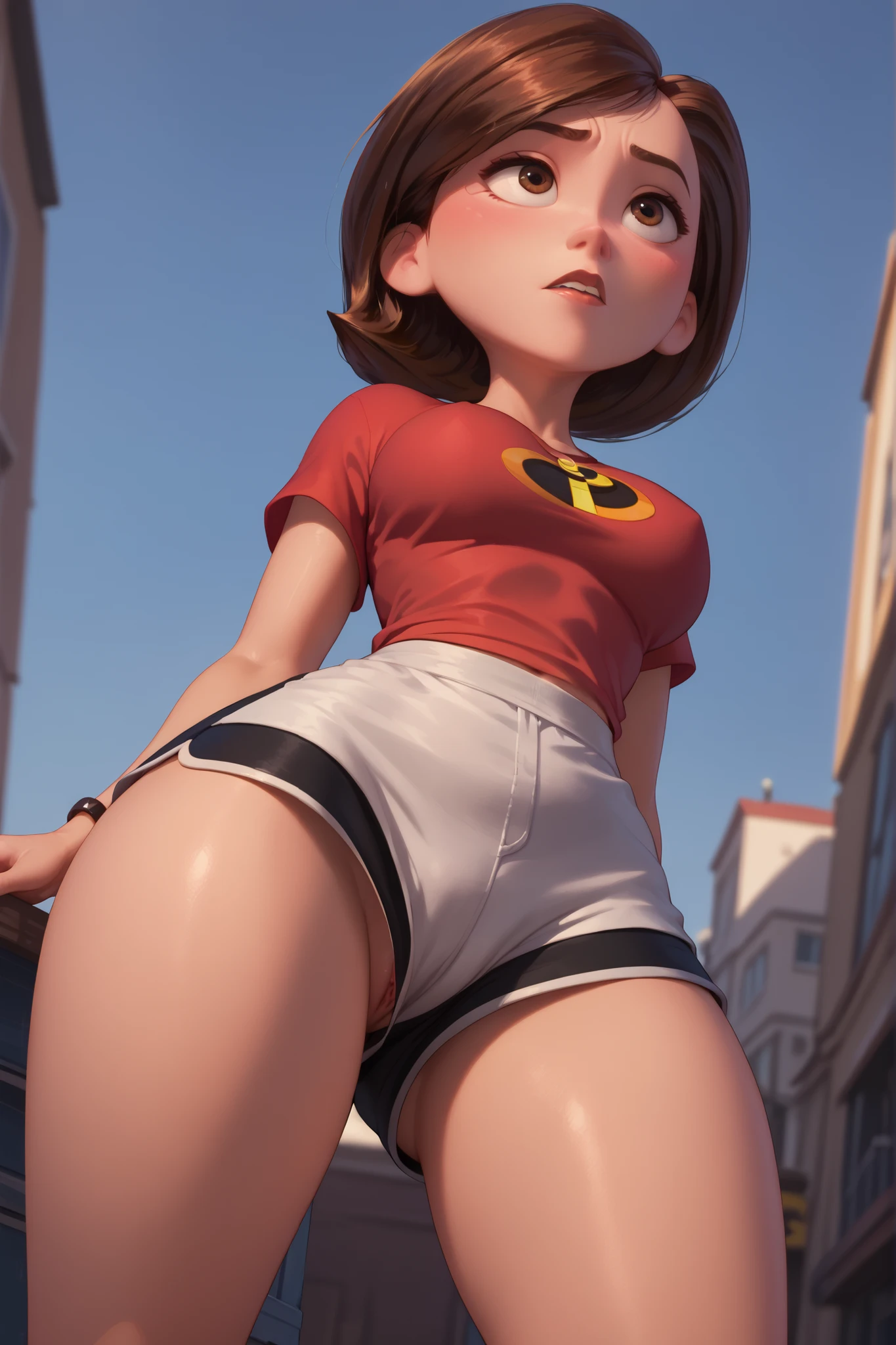 masterpiece , better quality, 1,helen parr, upshorts , looking up shorts seeing some vagina, with the back ,Very loose shorts showing some , shorts , looking at the spectator , brunette hair , large breasts, large ass