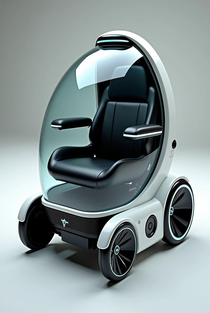 A wheelchair for the disabled with a newfangled structure, with reactive magnetic pulse-gravity engines that glow and help you float above the ground, seat belts and a small glass covering the entire structure, advanced technologies, the design looks like a capsule in which a seat with, white with black design, beautiful leather handles, white neons, beautiful colors, advanced technologies, Complex design,