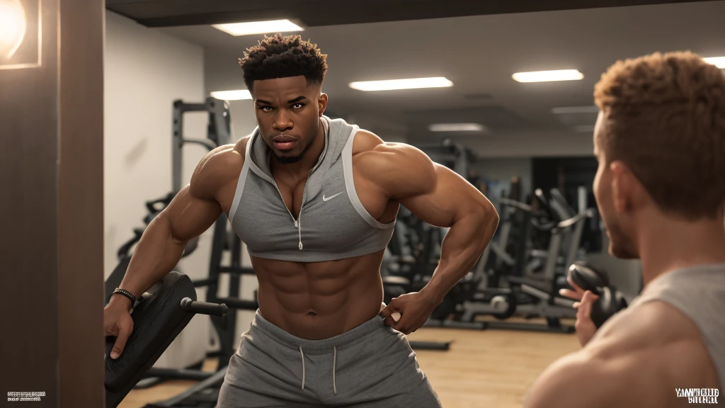 A young, smiling Black man with very short curly hair. He is wearing a fitted blue athletic shirt and gray workout shorts, with black sneakers. He has a gold necklace and a black wristwatch. He is standing confidently with one hand in his pocket and the other relaxed at his side. The man has a regular, average body type. The background is a modern gym with various exercise equipment, weights, and a few people working out. The atmosphere is energetic and contemporary, with bright, even lighting. High detail and photorealistic style.