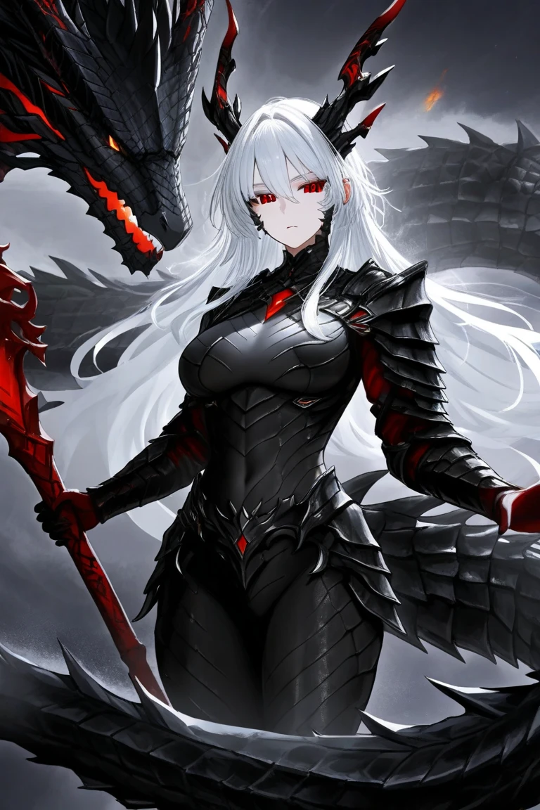masterpiece, 1catgirl, cat ears, ((White long hair)) , Red eyes, intricate ((Black armour)) , she is a dragon slayer. She won the fight. Damaged ((black and Red shirt)) over the armour. Portrait. Medium breast. Super detailed. Perfect anime Red eyes
