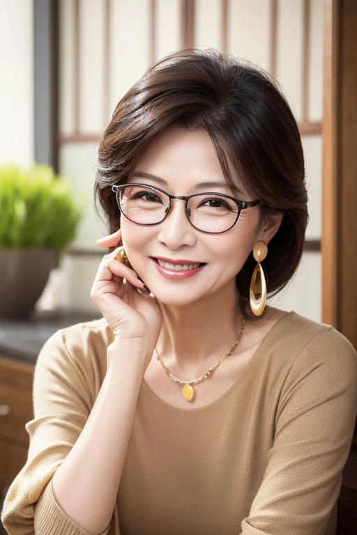 75 years old　mom　milf　Chinese Lady　large earring　Big choker　navel piercing decoration　A bracelet　realisitic　Gorgeous Madame Beautiful Mature Woman　sexly　Smile　Gentle woman navel piercing　４K　High quality　Summer Sweater　Cheek resting on hand