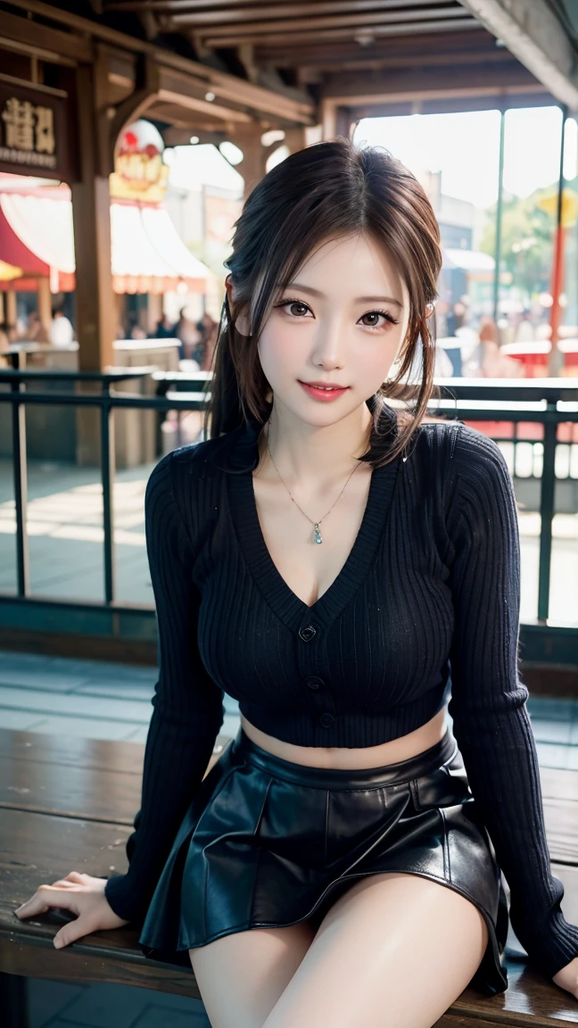 One girl,masterpiece,Highest quality,Two tail (Genshin Impact),button,ponytail,Brunette,alone,Symbol pupil,Long Hair, finger heart, bangs, Black shorts,(Highly detailed CG Unity 8K wallpapers), (masterpiece), (Highest quality), (Very detailed), (Best illustrations), (Best Shadow), (Realistic:1.4), One girl on street, K-Pop Idols, ((Very oversized sweater, buttonセーター, open sweater), (Gray Hair:1.1), clavicle, (Middle chest: 1.3), Audience, smile, whole body, (latex clothing, Latex tights, soft smile, Smooth texture of the garment),
