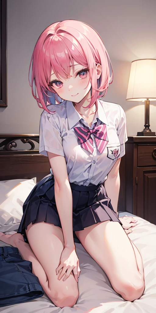 (The ultimate masterpiece), (Ultra HD), (Ultra-fine), High resolution, Ultimate beauty, High chroma, vivid,Girl,(pretty girl), Thighs, (cardigan), (skirt), Super Smile, Red hair,ショートBob,(Bob),Red Eyes ,Small breasts, Cute room,put one's hand between one's thighs