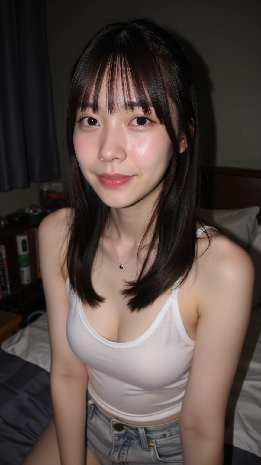 NSFW, ((Top Quality, 8K, Masterpiece, Portrait: 1.3)), (Ambient Light: 1.2), (Bounce Lighting: 1.0), Photo realistic, Sharp Focus, Solo, Japanese, 1 girl, actress-like beauty, living alone, high temperature, high humidity, (poor lifestyle: 1.2), (slim and toned body: 1.4), ((extra Small breasts: 1.4)), wavy short hair, no money, completely naked, nudist, ((Showing pussy: 1.2)), (( legs spread while looking in front of you:1.3)), cleavage, (legs spread: 1.3), vaginal opening, clitoris, anus, (clean background: 1.1), evening Light, pussy close-up, low angle, office, pussy, 15years old, , ((Smiling, with pussy lips open to reveal vaginal opening, vaginal opening open)),