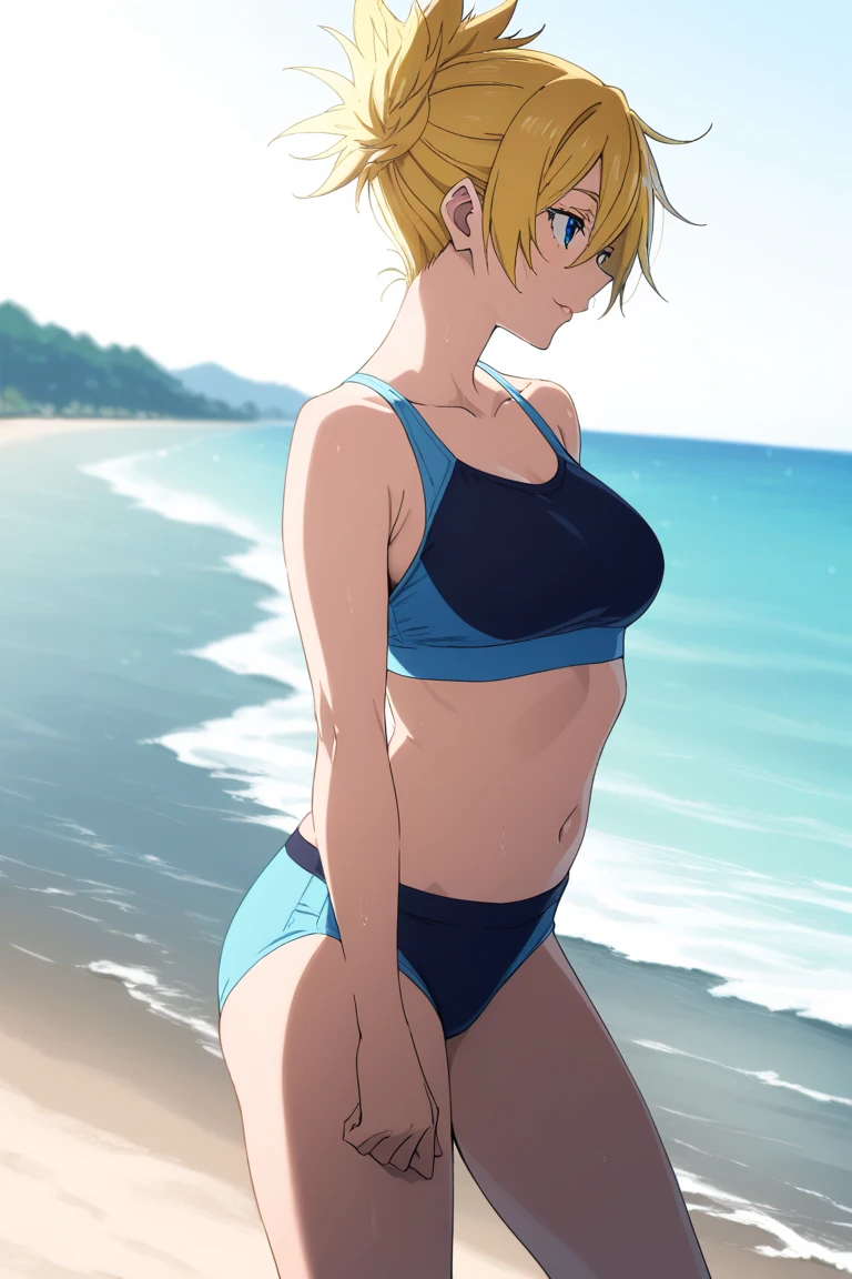 masterpiece, highest quality, High resolution, One Girl, Hamriz, ponytail, Brown eyes,big , Micro Bikini、Beach,Outdoor、Upper body close-up、Muscular body、blush、Sweat、Composition from the front、anime、(((Light blue bikini、Stand in front、audience、Facing forward)))
