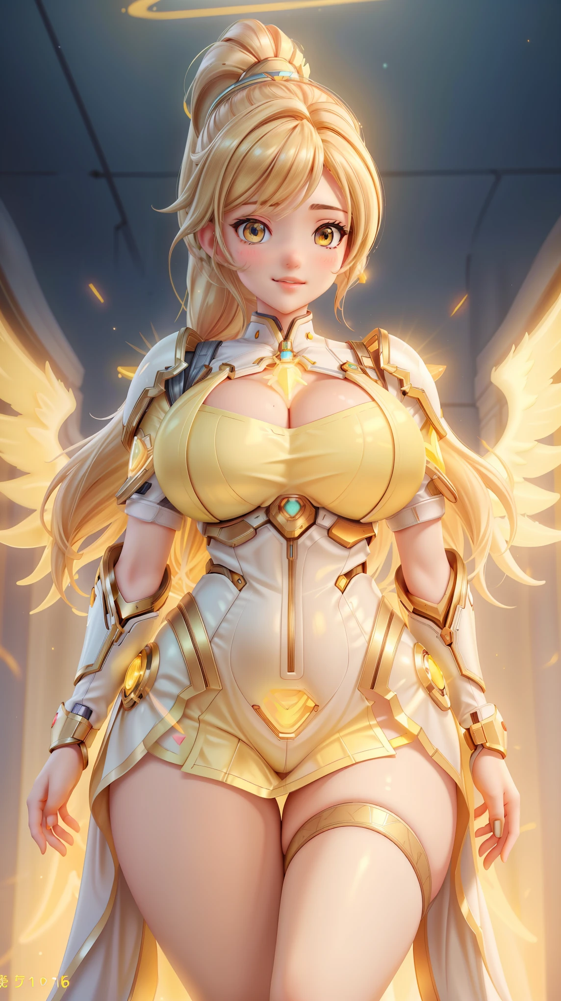 masterpiece, best quality, extremely detailed CG unity 8k wallpaper,(Upper Body head close-up shot of a beautiful mechanical) ((anatomy)) (skeleton Cyberpunk robot succubus angel fairy blonde hair twintails girl), (Mckenna Grace), (((gigantic breasts,Areola))),,Silver Skin,() ,() ,,(),, ,off shoulder,Extremely plump,Big Crotch,Thick thigh,,,, (see through tight),Tiara,, colourful Embroidered and golden Sculptured santa suit,((pure energy chaos antitech)),,zettai ryouiki,,Starry sky ,((fighting stance,spread legs)),(seductive smile),,,pretty face, key art, award winning, intricate detail realism hdr, by ruan jia and artgerm and range murata, Photorealism, Hyperrealism, ultra realistic, dramatic light, intense shadows, gorgeous view,depth of field