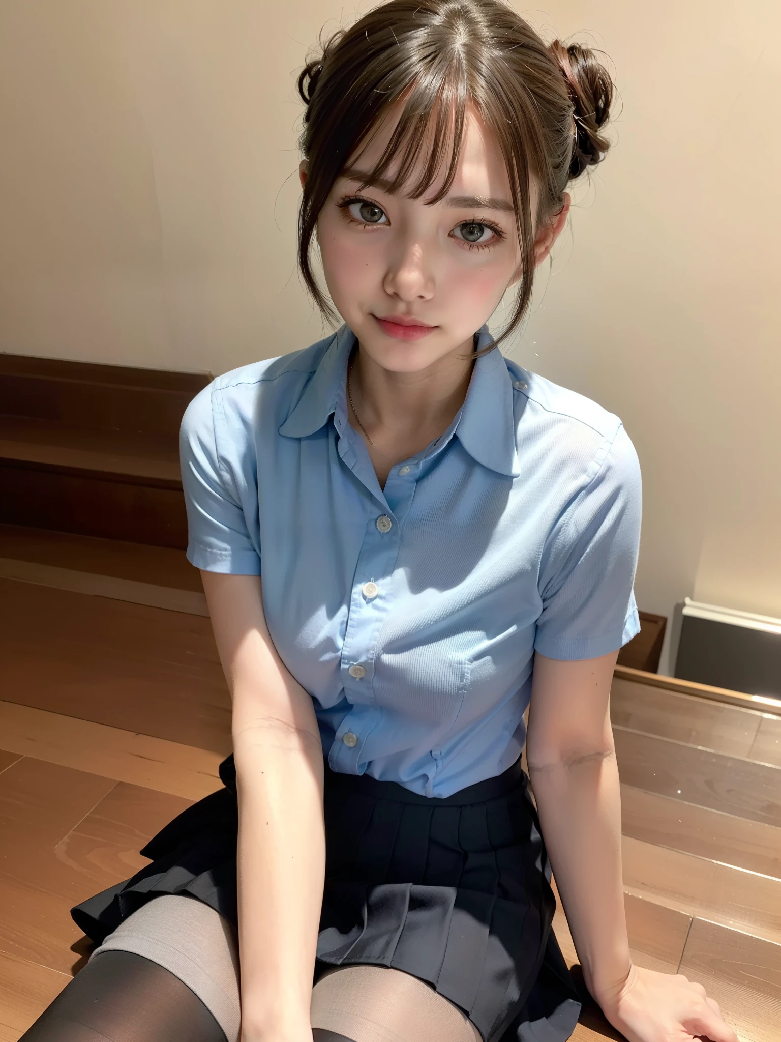 ((One Girl:1.4)),(masterpiece, Highest quality), ((Looking into the camera)),(((Long Hair))),(((I can see your chest))),(Nipples are visible), Asuka　Langley, whole body、I can see your thighs、(((Brown Hair))),classroom、stand、セクシーなポーズ
blue dress, mini skirt、dress, neck ribbon, pinafore dress, ((red ribbon)),ribbon, White shirt,Short sleeve, Short sleeve,(アスカ・Langleyの髪型:1.8),black eye，