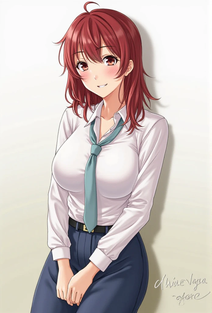 ((masutepiece, Best Quality, hight resolution, nffsw, Perfect Pixel, depth of fields, 4K, )), 1girl in, Solo, , Beautiful anime girl, Beautiful Art Style, close up, Looking at Viewer, Perfect body, Yuigahama Yui, Short hair, pink hair, hairbun, (large boob), see through shirt, nipples, smiling, winking, one eye open, hands on hips, blank white background, cowboy shot