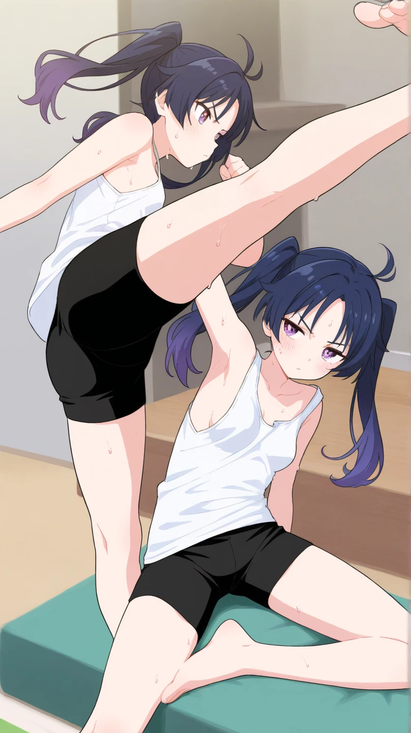 ((masterpiece, best quality)), high resolution,ultra detailed,8k,16k,detailed background, perfect lighting, 1girl,nsfw,embarrassed,blush,(all fours,from behind,bottomless:1.4),(from above,steam,sweat:1.2), (pov:1.4),(back,vaginal,sex,hetero:1.4),1boy,1penis,fisheye lens,show your butt,penis in vagina,look at viewer,happy smile,open mouth,orgasm,in heat,small butt,cum in vagina,(slender,kawaii),(nishino flower,purple eyes,horse ears,hair band,black hair,short hair,small breast,little body,short_body,flat color),purple sailor uniform