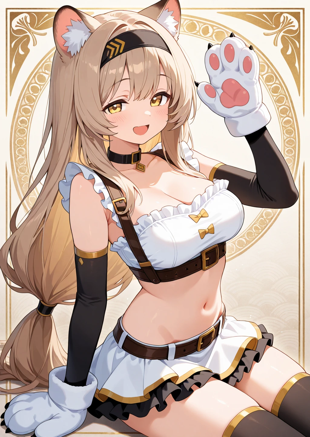 score_9, score_8_up, score_7_up, score_6_up, score_5_up, score_4_up, white background, border, simple background, gradient background,
BREAK
source_anime,
BREAK
1girl, solo, long hair, gold hair, smile, :d, happy,
blush, bangs, light green eyes,
animal ears, dog ears, dog tail, dog girl, spoken heart,
white bikini, microskirt, highleg panties, double v,
thighhighs, fingerless gloves, elbow gloves, shrug \(clothing\), collar, bell,
navel, cleavage, bare shoulders, thighs, midriff, stomach, huge breasts, (sticker on face:0.8),
looking at viewer, dynamic pose, jumping,
<lora:Ppolar-v2-PDXL:1>