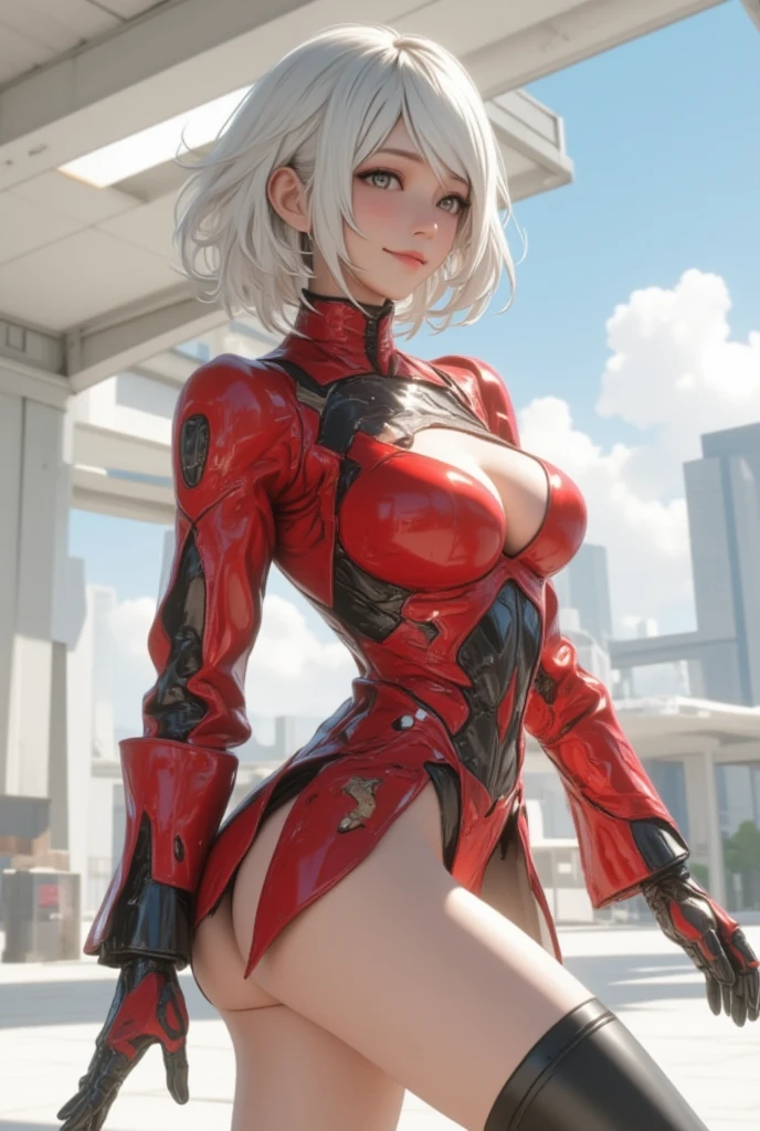 （very detailed：1.5）， （8K）， Sci-fi futuristic mechanical girl with flashing neon lights.， style （Cyberpunk Personality：1.3）， Wear an elegant combat uniform，vivid details， sexy pose， （Bold typography：1.2）， dynamic composition， bright colors， （アキラstyle：1.1）， （Inspired by Hajime Sorayama：1.2）， Full body Esbian,blue,red、green,neon  details， fight position， Mechanical Bodysuit， Futuristic and detailed BMW bikes，13 years old, Girl born in junior high school, (((huge breasts:1.2)))、short hair,perfect limbs, perfect anatomy,white hair ,blue eyes ,front view,long hair