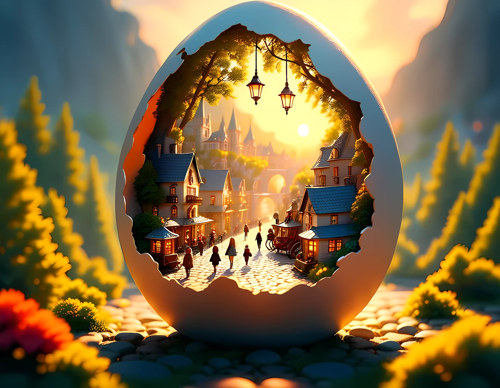 A golden-haired girl with long braided hair and red-rimmed glasses stands curiously peering into a giant cracked eggshell. Inside the shell is a vivid miniature town resembling a 19th-century French provincial city. The town is full of life, with people going about their day, unaware they live in a miniature world. The girl watches with fascination, her face lit by the soft glow of the tiny world inside the egg. The setting is whimsical and surreal, with intricate details inside the egg, cobblestone streets, horse-drawn carriages, and vintage architecture. Soft, dreamlike lighting.