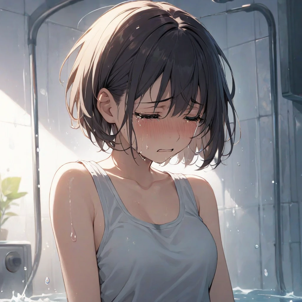drink juice、closeup-face、Holding a plastic bottle in both hands、The chest area of the clothes is wet with liquid、Juice dripping from the mouth、from directly below、Stinking eyes、sideways glance、School、In the classroom、Girl、Girl、Short、Younger、Lower school year、Baby Face、flat chest、smile、Dynamic Angle、masterpiece、best quality、ultra-detail、Sweating heavily、The air conditioner is broken、Summer sunshine、Looks hot、The desks are lined up、corridor、window、There are several classmates behind me.、Clothing、Untidy appearance、Her chest is exposed、Fan、Heat