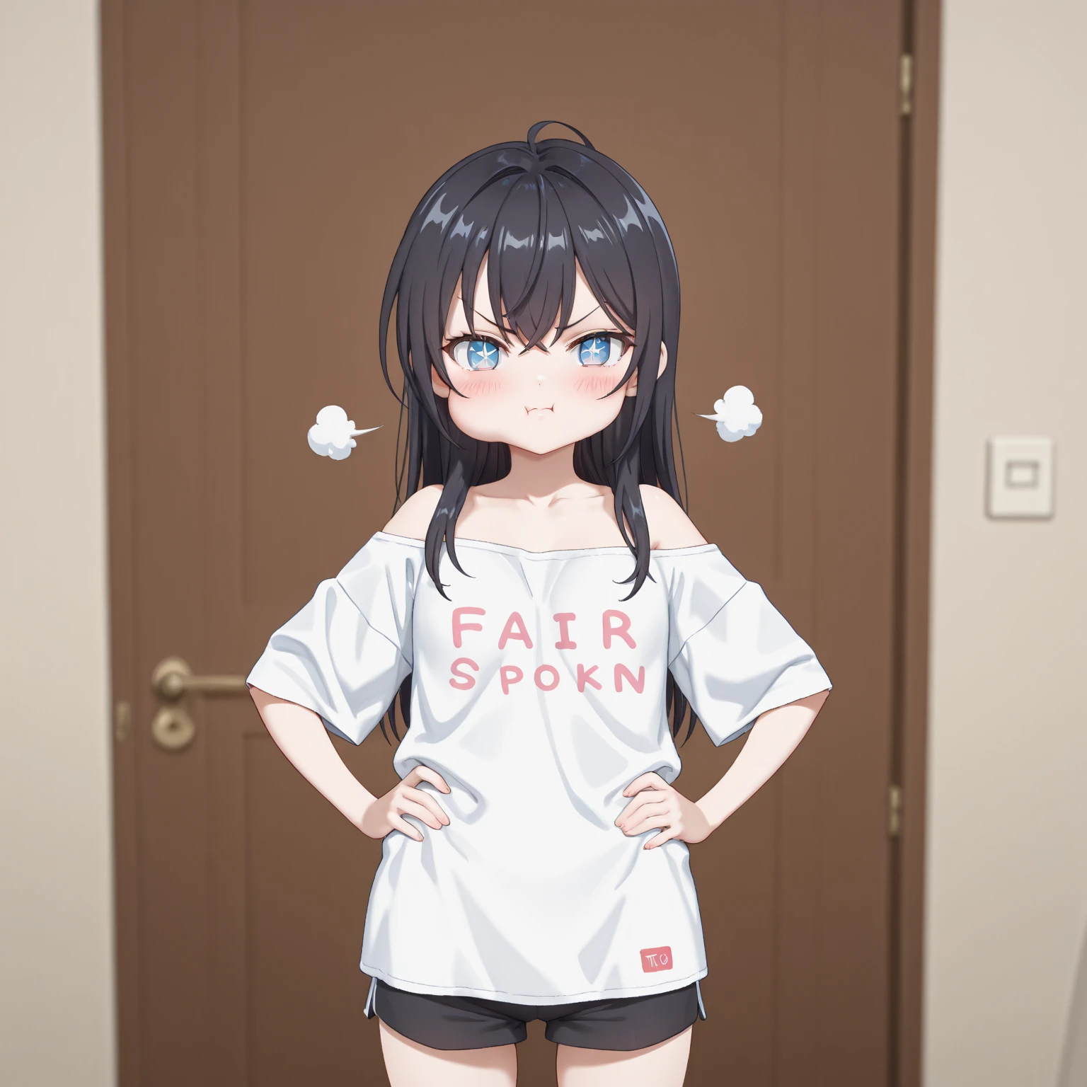 masterpiece, best quality,1girl,<lora:kstyle:0.8>,<lora:UntuckedShirt:0>,standing,hands on hip, white hair, red eyes,gym shirt, gym shorts, white shirt,choker, bare shoulders ,large breasts,from above,pov