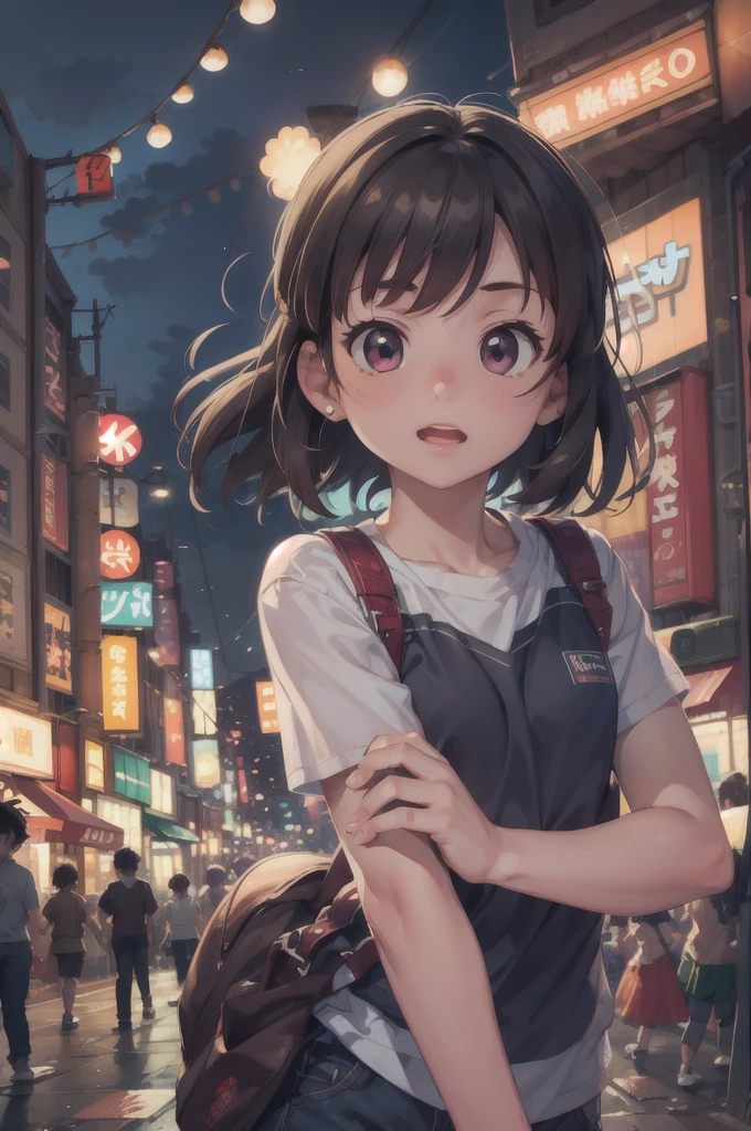 (BEST QUALITY), (MASTERPIECE), illustration, Extremely_detail, 4k wallpaper , 1 girl, tall girl, White T-Shirt, brown jeans, 18 years old , brown Hair, long hair, black eyes, cute, beautiful, smile, holding a spoon and a Fork, Background of the city, zombies