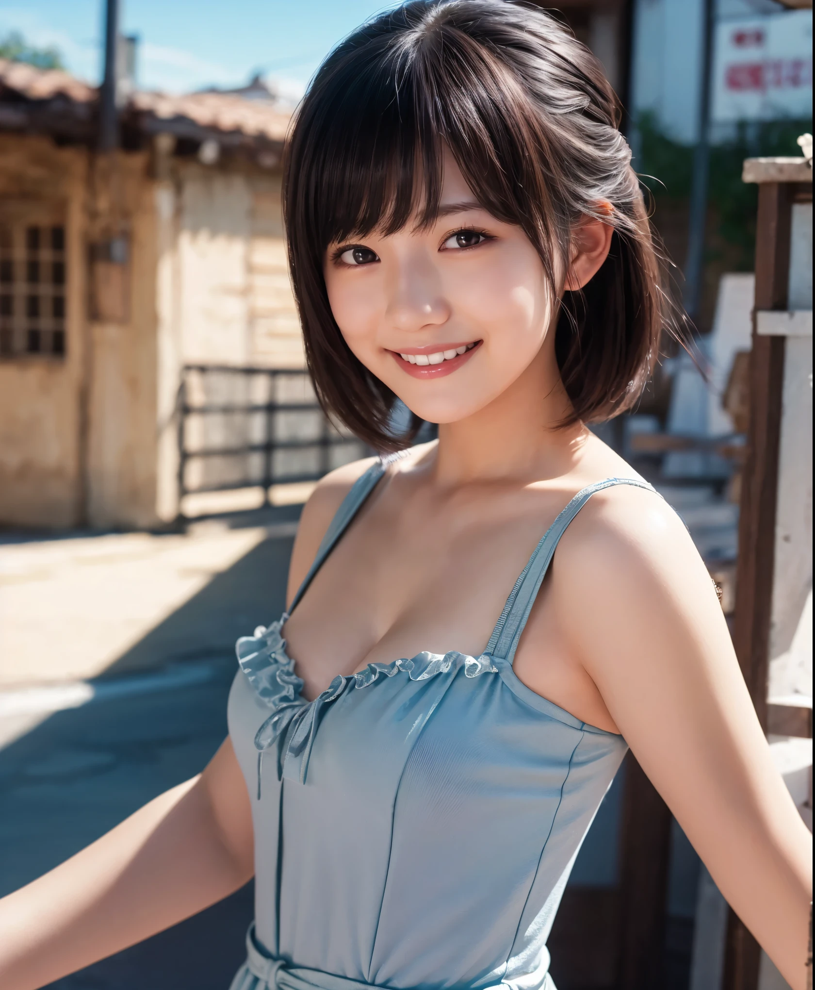a woman posing on the street corner with light blue dress on, best quality, 1girl, large breasts, day, bright, blur background, bokeh, outdoor, (street:0.8), (people, crowds:1), (lace-trimmed dress:1.5, sleeveless dress, light blue clothes, light blue high-neck dress:1.2, blue dress: 1.5), gorgeous, (short hair, forehead:1.2), beautiful detailed sky, earrings, (dynamic pose:1.2), (upper body:0.8), soft lighting, wind, shiny skin, smile,