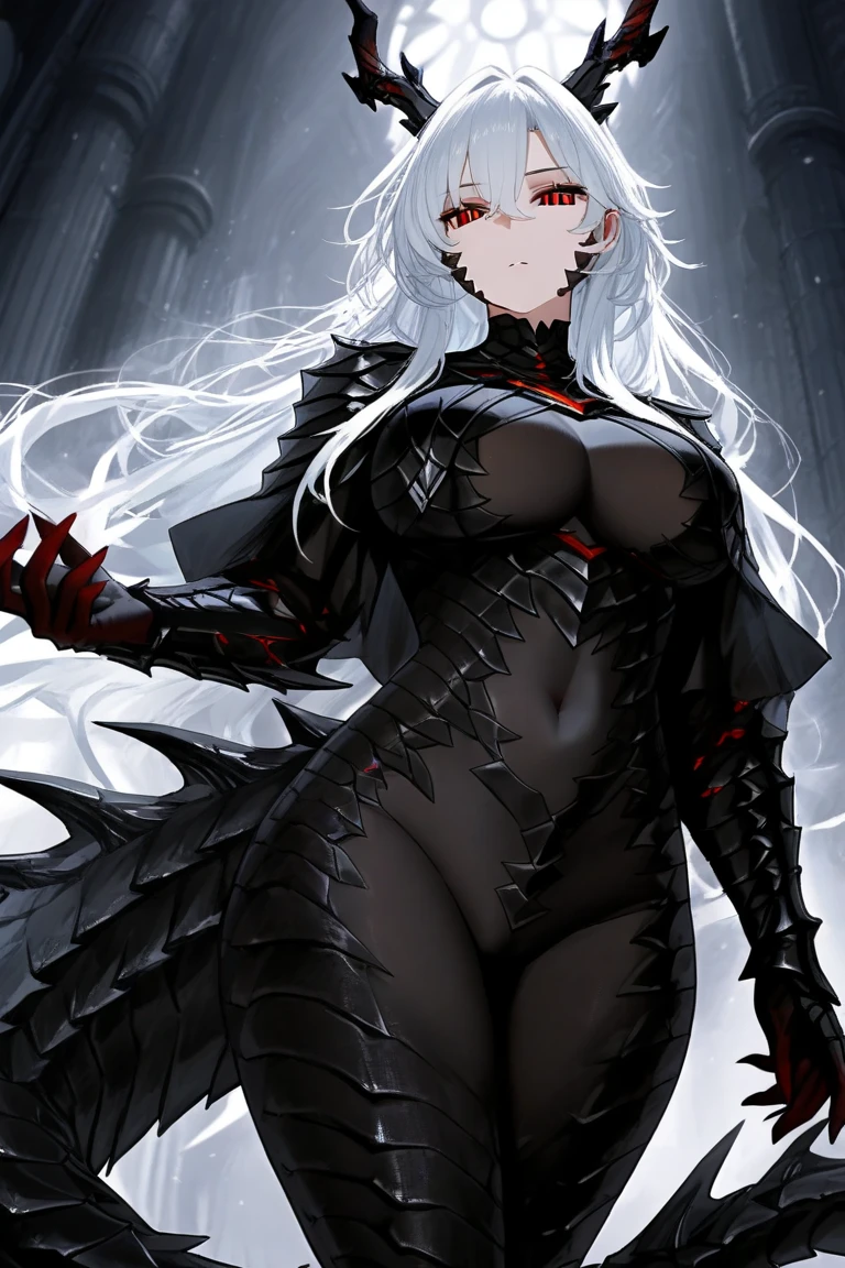 (High resolution, best quality, masterpiece), detailed, ultra detail, 1female, physically fit, curvy, slender body, fierce expression, dark eyes, (detailed eyes), Grey hair, short length hair, full body, ((dragon horns)), ((face: dragon scales)), face covered in scales, ((topwear: fur lined coat, bottomwear: tight jeans)), ashy background, part draconic, somber expression, inhuman, reptilian skin