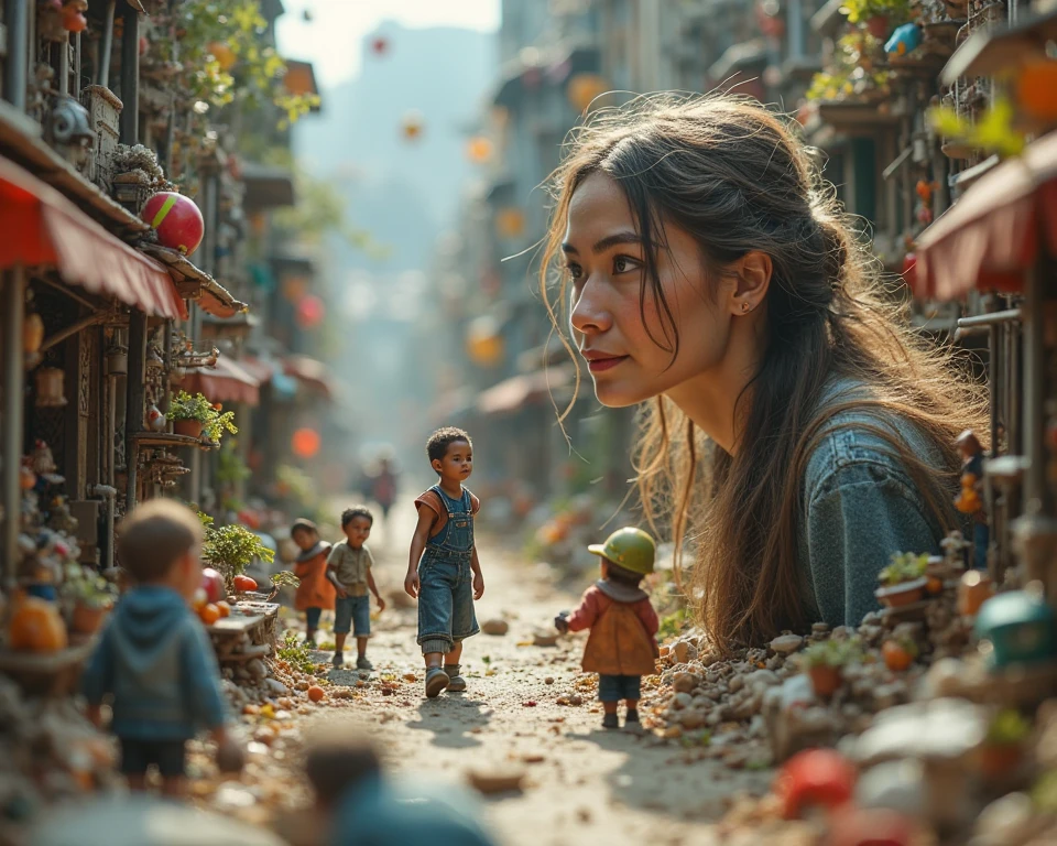 Fantasy Country Under a Microscope,Uncover the Hidden Kingdom with Macro Lens,Very small people、Have fun、Get along、The scene that is making a city、One woman、seems to be having fun、 watching