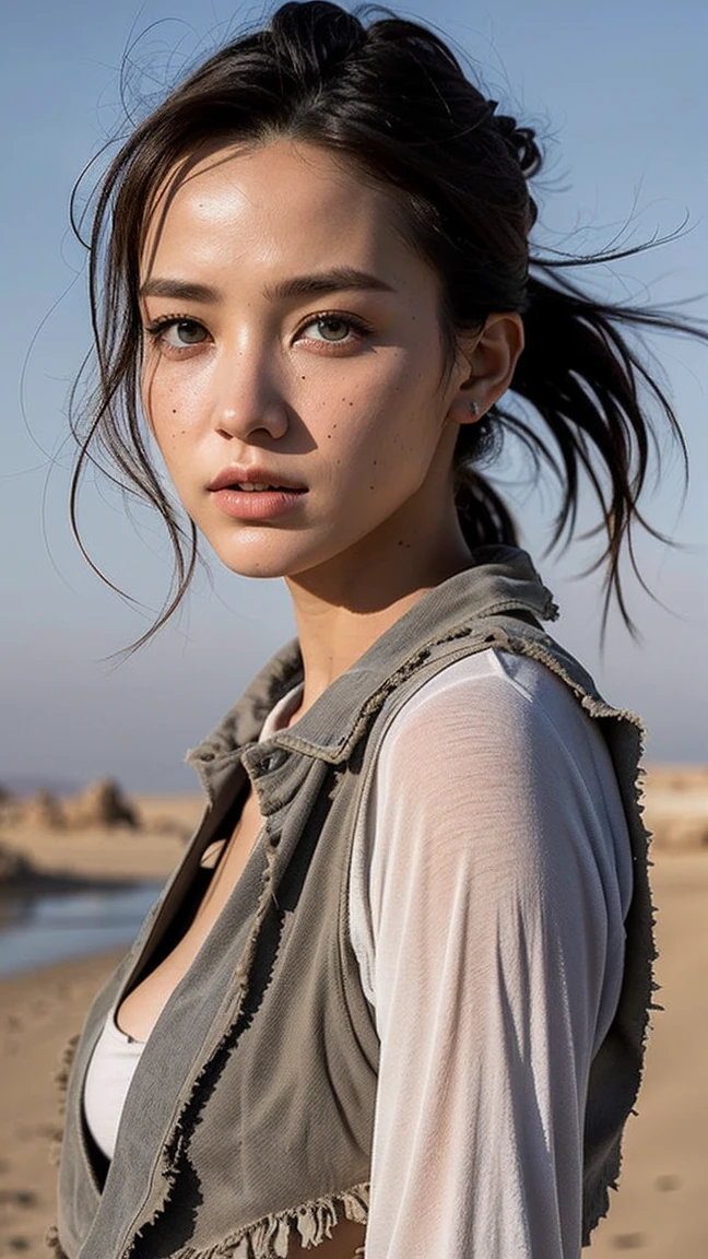 masterpiece, Transition to a desert landscape at sunset, a lonely figure, A beautiful 32-year-old American woman emerges wearing beautiful post-apocalyptic nomadic clothing., White skin, by rubio, gray blue eyes, Freckles in the face, slim body for running, small breasts, Very detailed face, ultra realistic face, very beautiful face, clean but tired face, post-apocalyptic clothing. Layers of tattered fabric, unconventional accessories, and a worn appearance create an aura of survival and resistance., 16k, ultra high resolution.photorealistic, HD, raw, DSLR, with the face of jeniffer lawrence