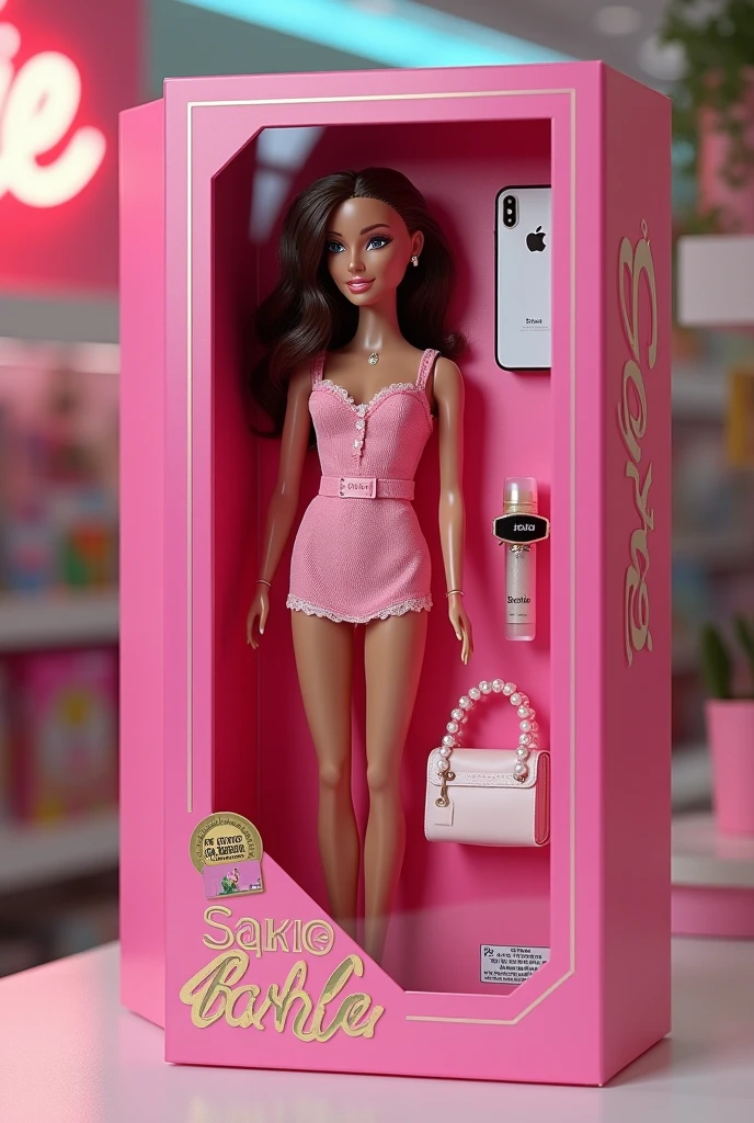 inboxDollPlaySetQuiron style, [ebony woman, Barbie Cosplay, (long afro curly hair), shiny skin, (jade eyes, hair flower, hair ornament), (flawless face), cute face, chubby face, sunburnt ebony skin, detailed (wrinkles, blemishes!, folds!, moles, viens, pores!!, skin imperfections:1.1), (wearing sexy see-through pin lingerie set details:1.25), (Vibrant pink silk wraps around your body, double layered to ensure the softness of pink silk against your skin, with a central panel of glittering metallic pink French lace to bring that extra touch of extravagance. Wide silk covered straps are finished with strong red toned clasps and adjusters, adorned with hand cut ribbons, to hold your stockings up firmly without compromising on glamour. Add the matching brass silk quarter cup bra and either tap pink pants for a complete vintage-inspired look, or skirted pink lace thong, plus the spectacular all-over pink lace robe for the complete look.), fishnet pink cuban stocking, highly detailed glossy eyes, sheer dress, (nipples:0.8), fishnets, (looking at the camera), detailed skin pores, oiled skin, tan, intricate eye detail, capelet, (big cheeks), natural breasts_d, unbalanced breasts, (cleavage)], gift box, playset, in a box, full body, toy playset pack, in a gift box, premium playset toy box