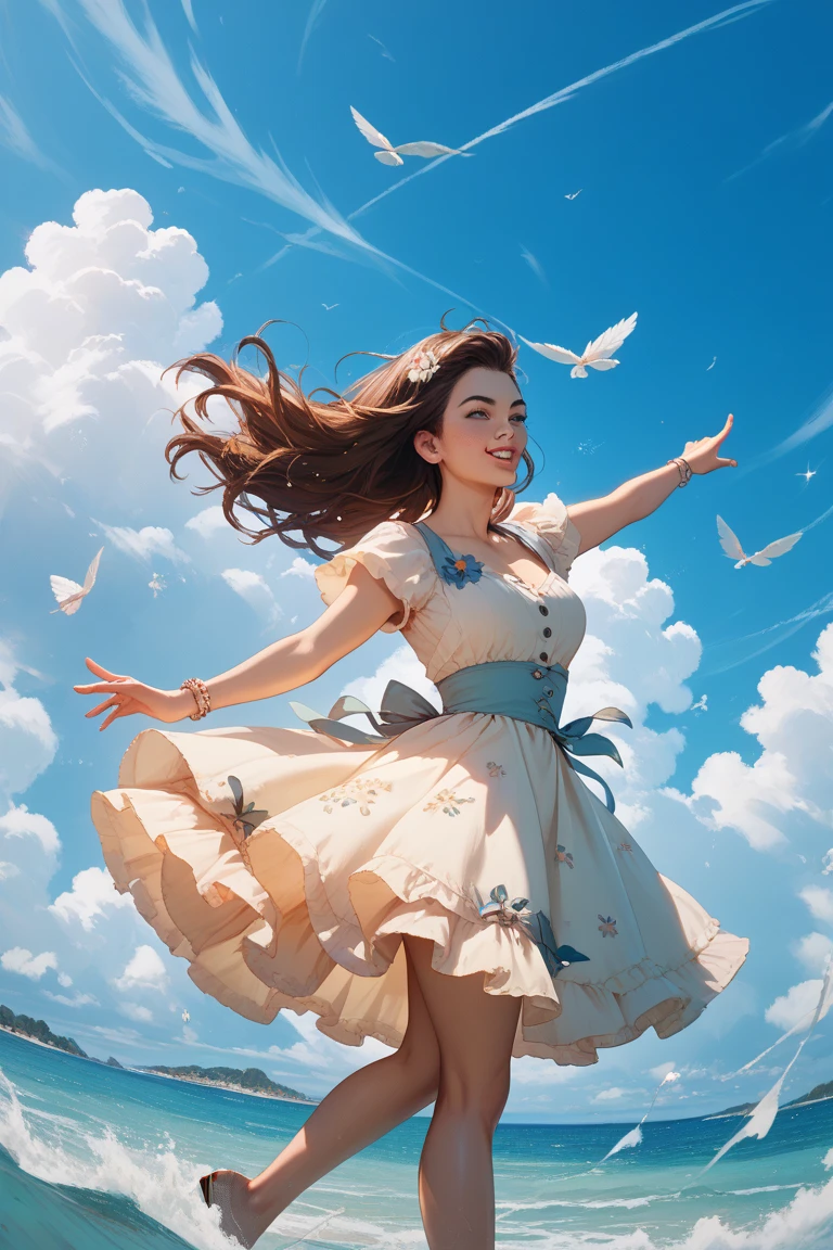Illustration of a 10 year old girl, "happy" in a field of flowers, blue sky of clouds, playing with butterflies, beautiful illustration, beautiful painting, beautiful UHD 4k art, beautiful art, a beautiful art illustration, art in the style of guweiz, beautiful painting, atey ghailan 8k, artgerm and atey ghailan, 10 year old girl, happy in a field of flowers, playing with butterflies, (butterflies). (best quality, masterpiece), 1girl, pose, particle, wind, flower, full body, garden background, looking at butterflies. --auto