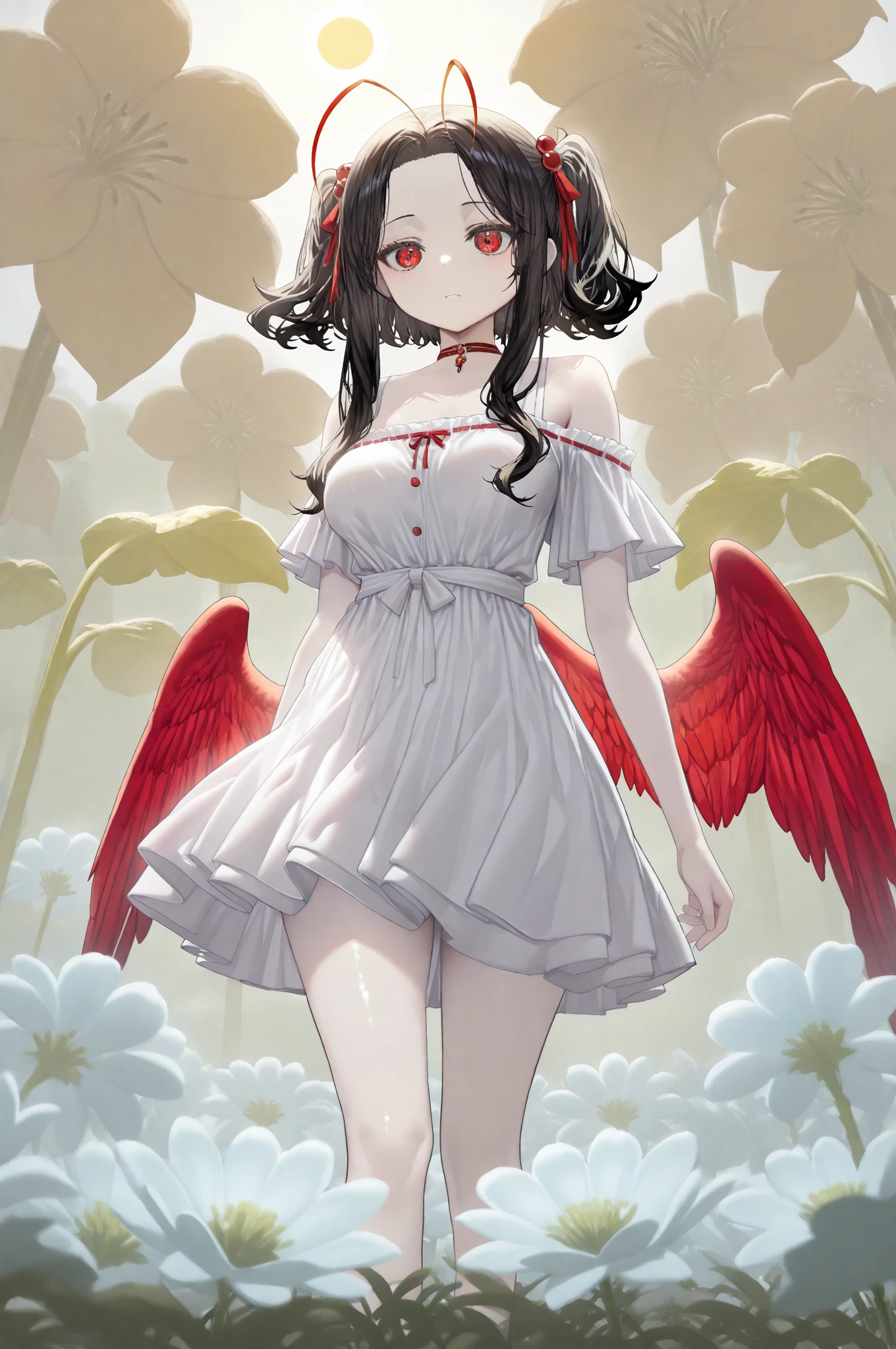 ((SFW)),(masutepiece, Best Quality),((high-definition4K)), 1lady, Solo, (White scales, Body cover with scale), Halo, Wings, angelicales, Black hair, Loose waves, Red Eyes,White dress figure,white thigh highs,Standing,