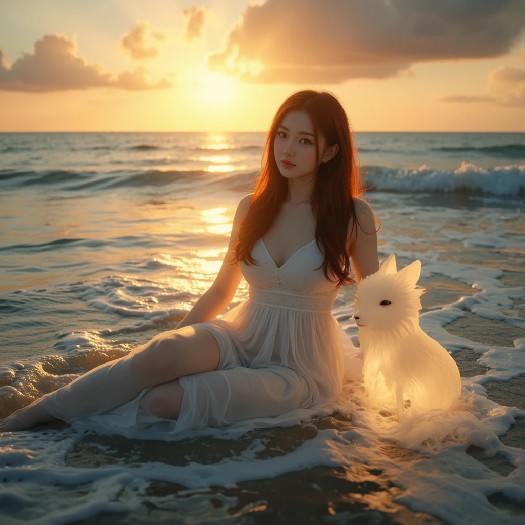 (Best Quality, Masterpiece: 1.4), (Realism: 1.2), (Realistic: 1.2), 4K, Detailed, Ultra Detailed, Detailed Face, (Ultra Detailed Eyes: 1.2), Sea of Clouds, Beauty, One-piece Swimsuit, Bare Back, High Split End, Long White Legs, Floating, Long Black Hair, Cat Ears, School of Fish