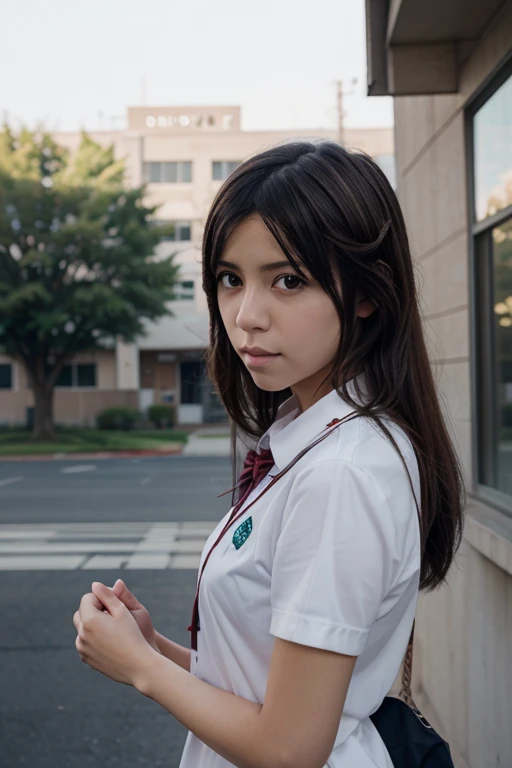 pretty, young, girl, long hair, black hair, red color eyes, bangs, dark shirt, sleeveless, white collar, red tie, very small breast, black gloves, black skirt, upper body, white skin, 30 year old, beauty, 1 girl, intimidating, look put hands behind head, armpits, armpits visible, in forest