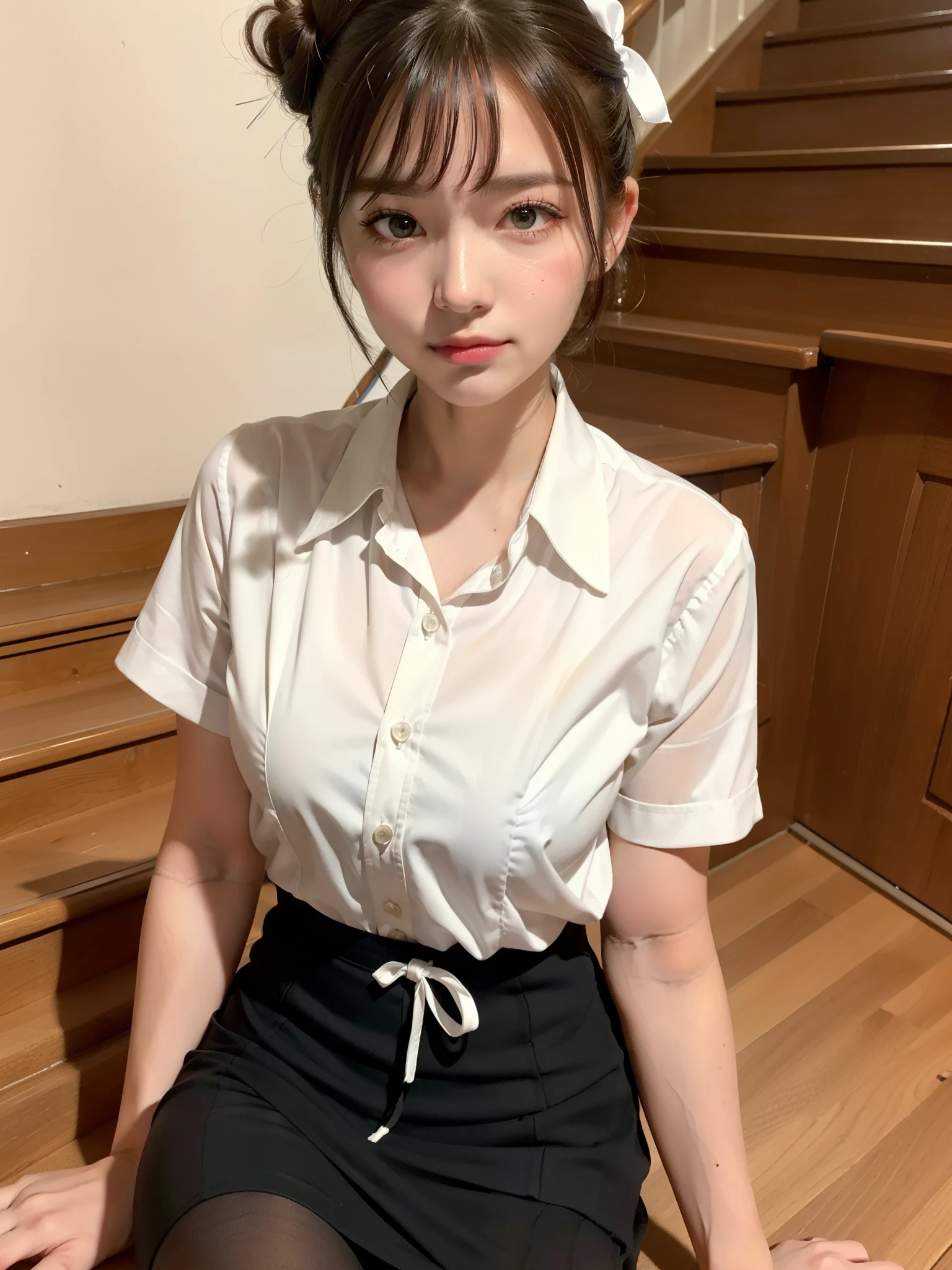 ultra highres,(reality: 1.4),highest quality, masterpiece, high detail, 16K quality, beautiful, 1 beautiful girl,japanese,super beautiful face,baby face,japanese idol face,cute face,super detailed face,detailed hand,beautiful skin,sweaty skin,big eyes,big smile,profeccional lighting,short hair, black hair,brown beautiful eyes, see through white shirt,cleavag,checked skirt,sitting with knee up,(()),skirt lift,(((show off panty))),(( panty)),medium bs,she is lookine camera,modern style classroom,nsfw,from front,
