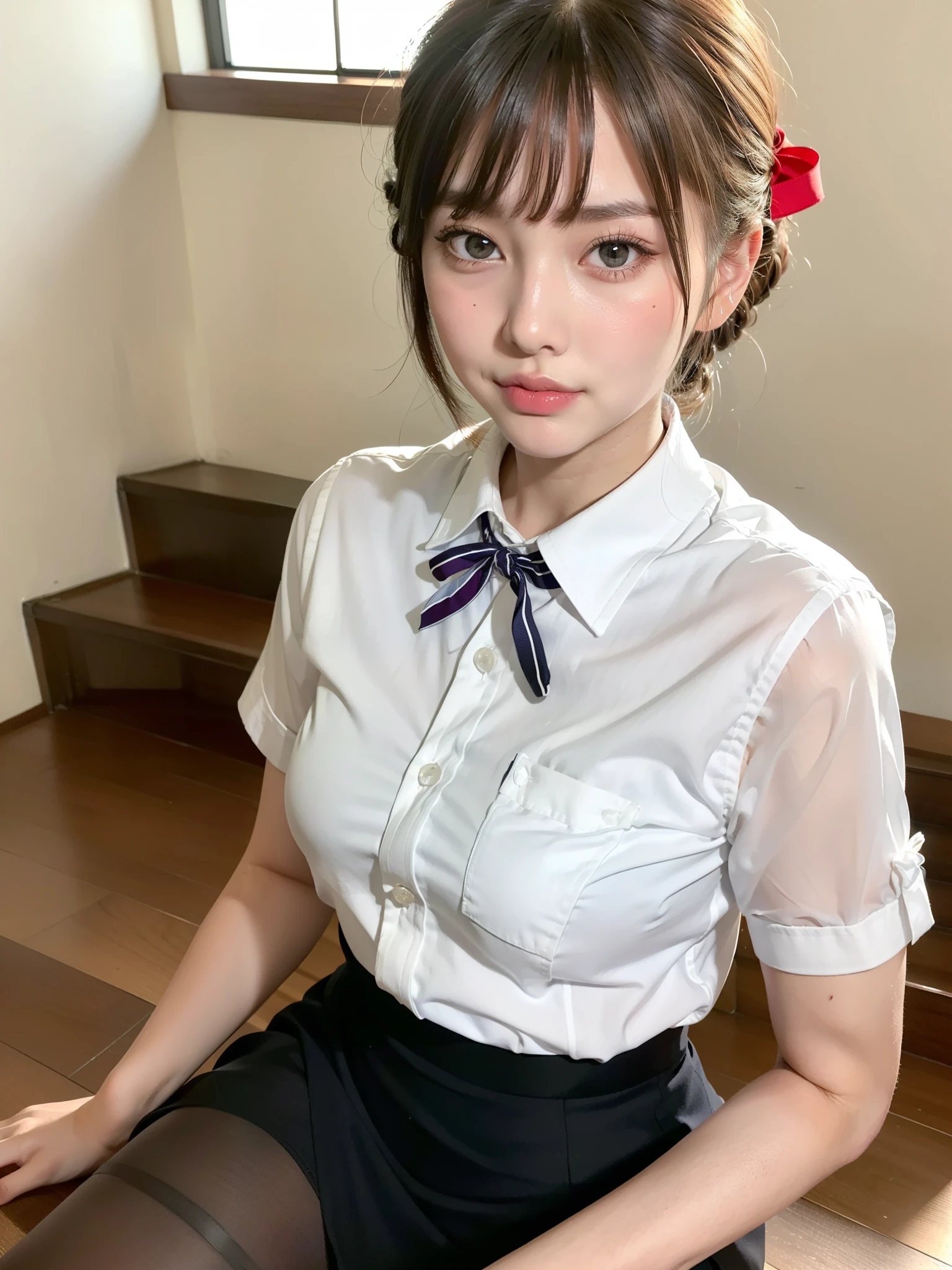 (8K, top quality, masterpiece: 1.2), (realistic, photorealistic: 1.2), sitting, (panty shot)))), (spreads your legs)))), solo, beautiful definition sky, night, wet, watching the viewer, (sit: 1.5), dating, future, (nose brush), smile, big breasts, fine beautiful eyes,), (dark blonde: 1), (short hair :1.1), Panty shot, Spread legs, Skirt, School uniform, White panties, Socks, Black hair, Shirt, Blurred, Blurred background, Knee-high, White shirt, Loafers, Realistic, Long hair, Lips, Brown eyes, Black socks, Tie, Pleated skirt, Bow, Headrest, Sideways, Outdoors, Brown footwear, Masterpiece, Best quality, Ultra detailed, ((((Panty Shot))), (((Spread your legs))),