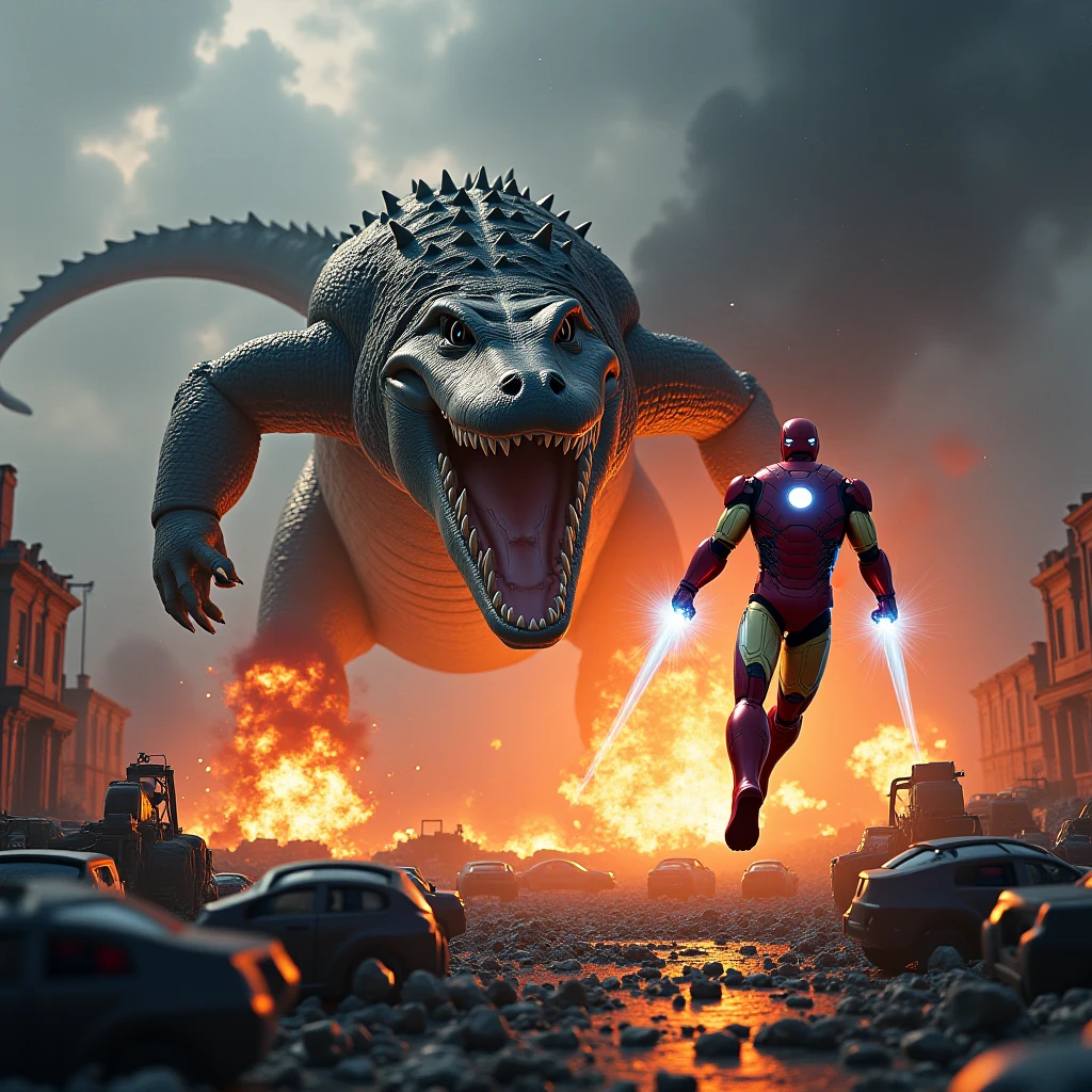 A big dangerous dinosaur attack on Ironman and Ironman afraid from dinosaur