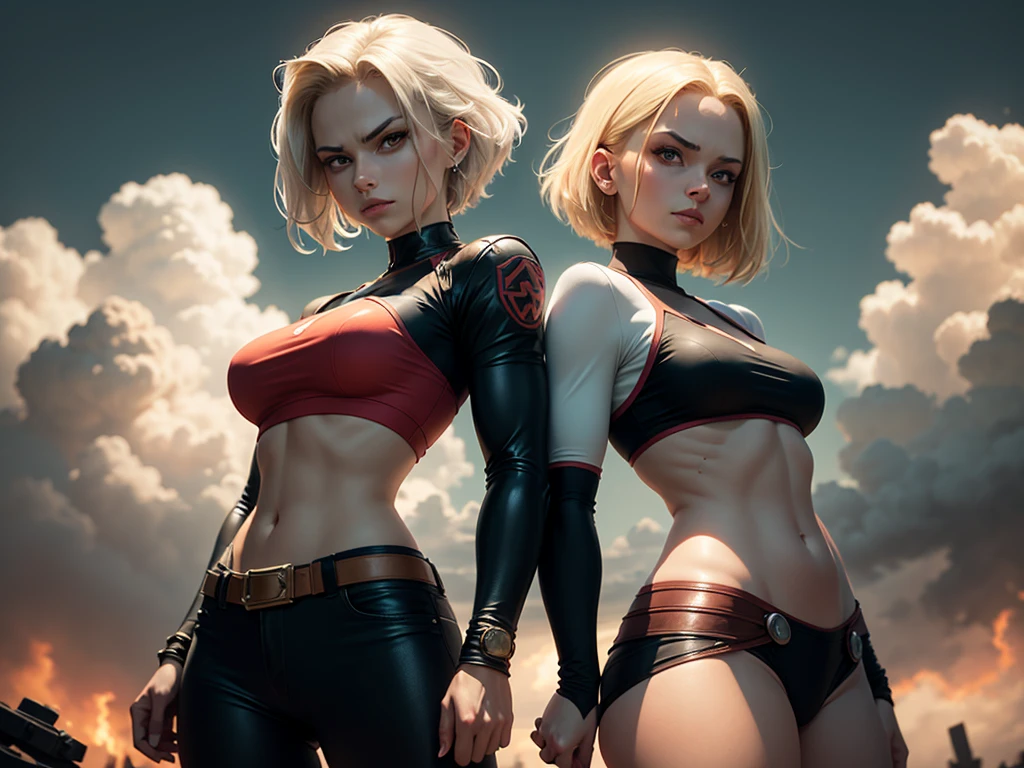 A female robot، full robotic muscles، Russian woman head, a sexy Russian face woman, ((buzz cut hair)), ((right part hair)),((white hair)), ((side head dark red fade hair)), Russian face, very muscular, soulless face, Russian girl face, (small black Cape), sassy poses, rebellion, very realist, Extremely muscular biggest muscles ifbb pro woman bodybuilder, ((lower than neck all robotic body)), ((very detailed face)),curvy hip, sexy mature face, ((face with robotic jaw)).